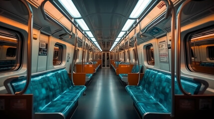 Fototapeta premium The interior of the metro train compartment, with bright lights, clean aesthetic, future style. AI generative