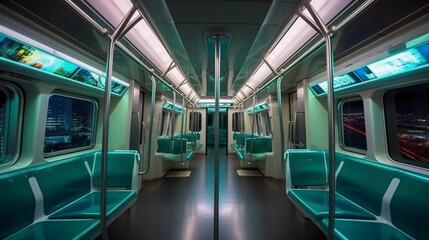 The interior of the metro train compartment, with bright lights, clean aesthetic, future style. AI generative