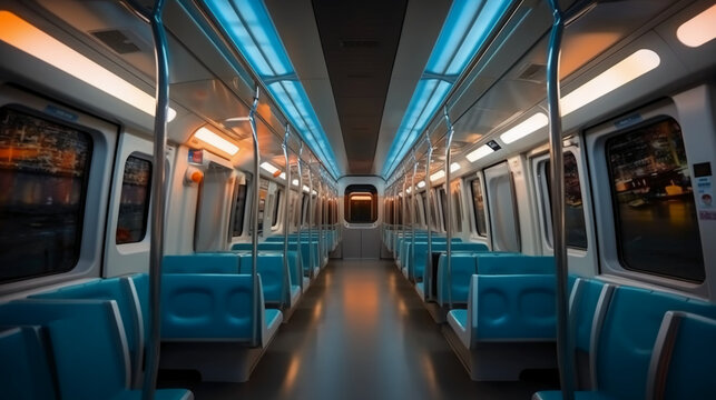 The interior of the metro train compartment, with bright lights, clean aesthetic, future style, AI generative