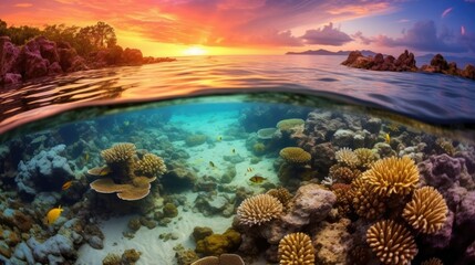 Naklejka na ściany i meble beautiful twilight sky above a coral reef generative ai