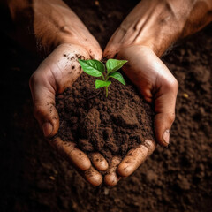 Hands of the farmer are planting the seedlings into the soil. Generated by AI