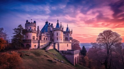 Fototapeta na wymiar beautiful twilight sky above a historic castle generative ai
