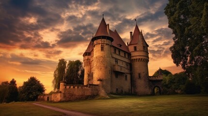 Fototapeta na wymiar beautiful twilight sky above a historic castle generative ai