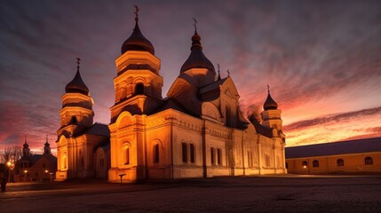 Fototapeta na wymiar beautiful twilight sky above a monastery generative ai