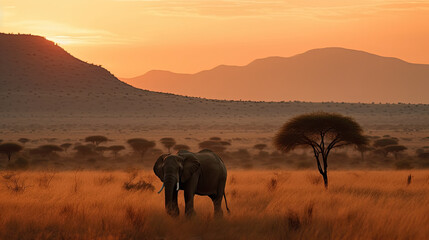 Fototapeta na wymiar an elephant standing in the grass at sunset, with mountains in the background and orange light from the setting sun. Generative Ai