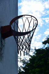 basketball hoop on the sky, basketball hoop and net, basketball hoop against blue sky