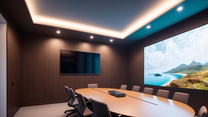 An Expressive Image Of A Conference Room With A Large Screen