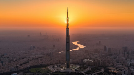 the sun setting over the dubai skyline, taken from the top of the world's tallest building in uae. Generative Ai