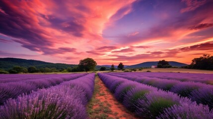 Fototapeta na wymiar beautiful twilight sky in a lavender field generative ai