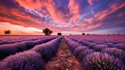 beautiful twilight sky in a lavender field generative ai - obrazy, fototapety, plakaty