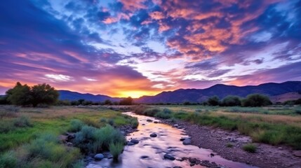 Fototapeta na wymiar beautiful twilight sky in a valley, generative ai