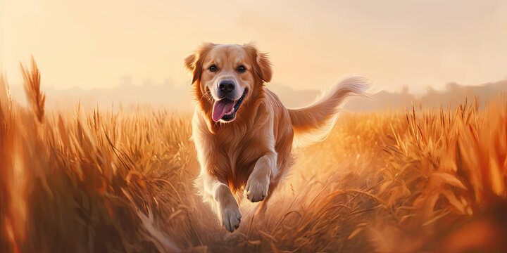 Happy golden retriever dog running outdoors in a field during summer autumn