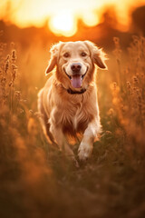 Golden retriever dog running towards the camera