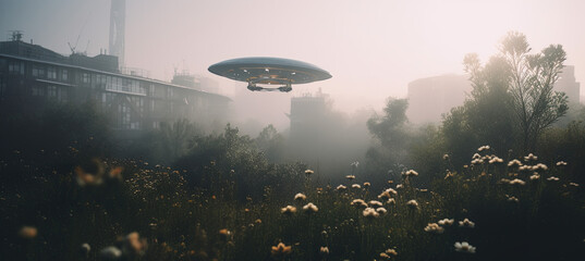 Early morning with an alien spaceship. Generative AI