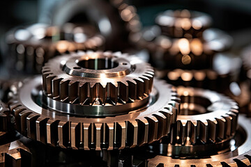 several gears in the center of an industrial machine shop, with focus on the gear and details that make it seem to be. Generative Ai