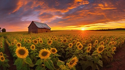 beautiful twilight sky over a sunflower field. generative ai
