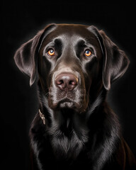 studio portrait of a labrador looking forward against a light gray background