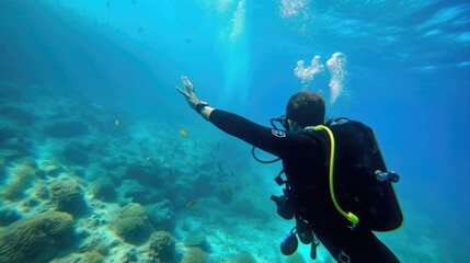 Fototapeta na wymiar scuba diving instructor teaching a lesson generative ai