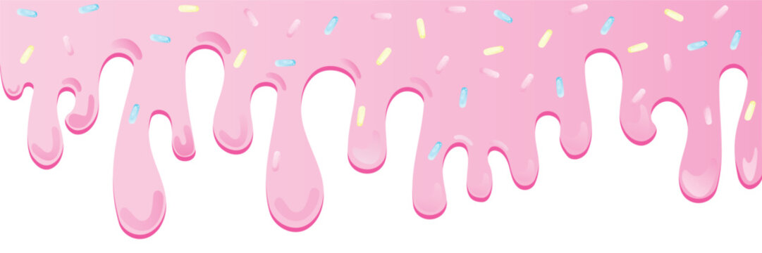 Pink soft ice cream, splashes of sweet candies, long border, seamless banner pattern, vector white background. 