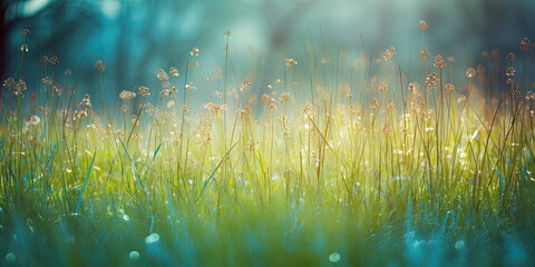 Spring border or background art with green meadow. Beautiful nature scene with blooming grass and sun flare