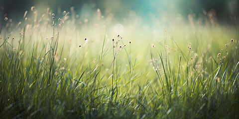 Spring border or background art with green meadow. Beautiful nature scene with blooming grass and sun flare