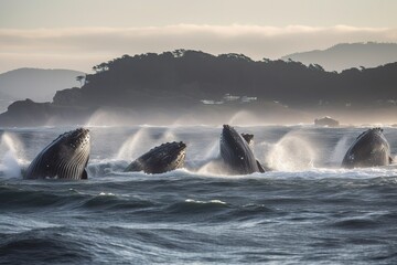 A group of humpback whales breaching out of the ocean with a coastal landscape in the background.