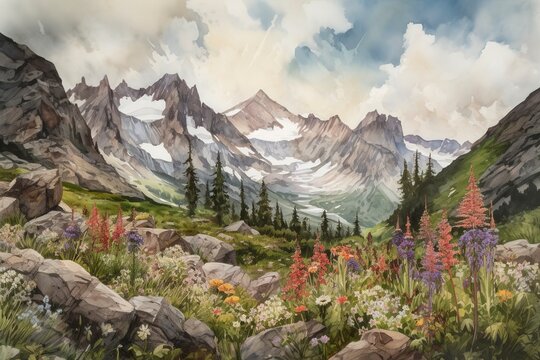 Watercolor mountain autumn landscape with snow on the peaks. 