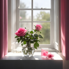 flowers in a window, flower, flowers, bouquet, vase, window, decoration, 