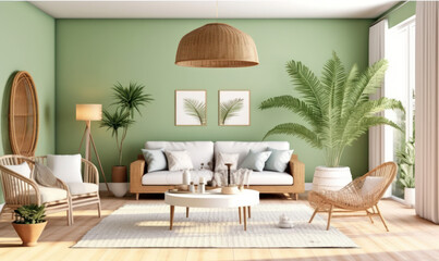 green stylish and scandinavian living room interior of modern apartment. generated by AI
