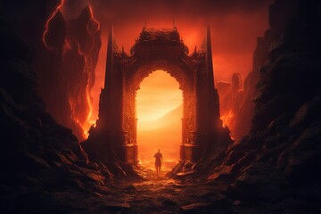 Illustration of sinful curse hell gate with smoke and flame. - obrazy, fototapety, plakaty