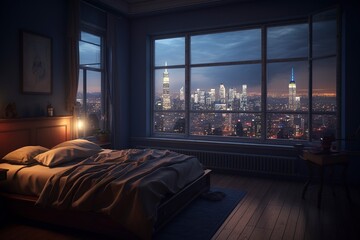 Illustration of luxury penthouse bedroom at night - obrazy, fototapety, plakaty