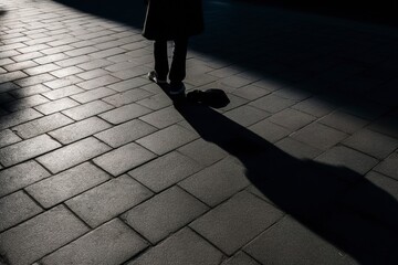 Dark shadow of a lonely person on the ground in the street. Stranger with a cigarette. Anxiety, depression, loneliness, fear concept.