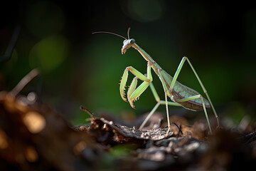 a praying mantis on the ground with its head turned to look like a praying mantis or praying mantis. Generative Ai