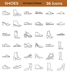 Big set of isolated Shoes for women. Vector line icons.
