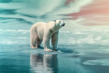 Polar bear on a melting ice floe. Climate change concept. AI generated, human enhanced.