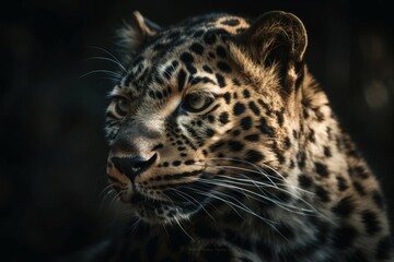 Fototapeta premium Beautiful leopard. Background with selective focus and copy space. AI generated, human enhanced