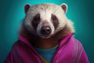 Anthropomorphic honey badger dressed in human clothing. Humanized animal concept. AI generated, human enhanced