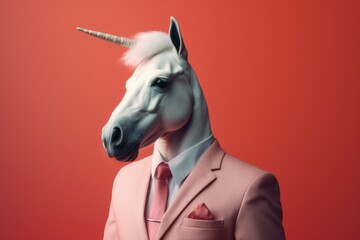 Anthropomorphic fairytale unicorn dressed in a suit like a businessman. Business Concept. AI generated, human enhanced