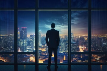 Fototapeta na wymiar A businessman in a skyscraper office enjoys the views of the city lights at night. Man from the back. AI generated