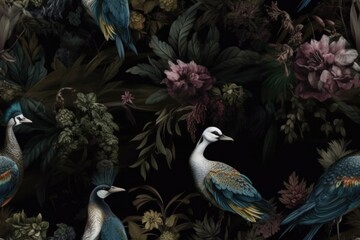 Fototapeta premium Tiles wallpaper with birds in a forest. AI generated, human enhanced