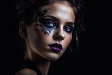close-up portrait of a gorgeous woman with elderberry-colored lips and dramatic eye makeup, against a black background, generative ai
