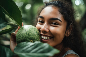 Close-up portrait of a woman holding a guava up to her face with a smile and tropical foliage in the background, generative ai