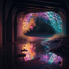night under a bridge trail of glowing sticks leading fireworks, generative AI