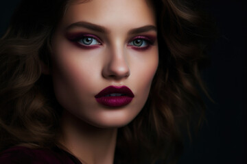 Fototapeta na wymiar Close-up portrait of a woman with a mulberry-colored lipstick and a mysterious gaze, generative ai