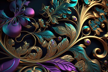 ornate pattern and abstract flowers and golden and colorful vines, generative AI