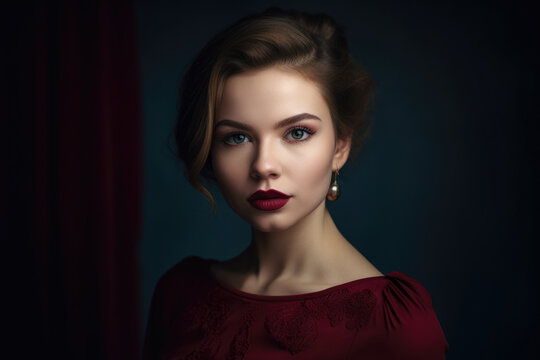 Confident Woman with a Loganberry-Colored Dress and Matching Lipstick, Staring Directly at the Camera, generative ai