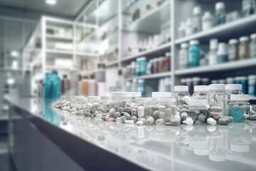 Pharmacy Drugstore blurred background, medical pills and bottles on the table, Health concept