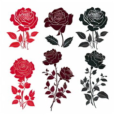Set of rose with leaves, Flower silhoutte on white background