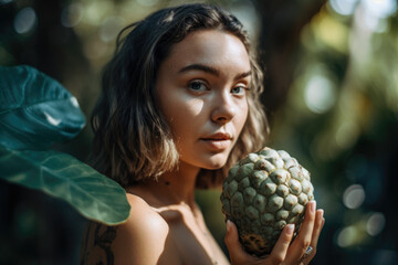 Enchanting portrait of a woman holding a custard apple with a blurred tropical landscape in the background, generative ai