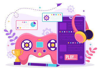 Video Game Development Vector Illustration with Games, Digital Technology, Programming and Coding in Flat Cartoon Hand Drawn Landing Page Templates